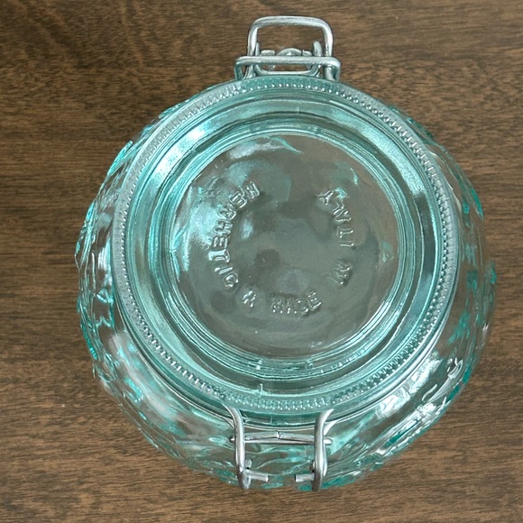HERMETIC GREEN TINT GLASS FRUIT EMBOSSED 6" CANISTER WIRE BAIL HINGED LID ITALY - Picture 6 of 15